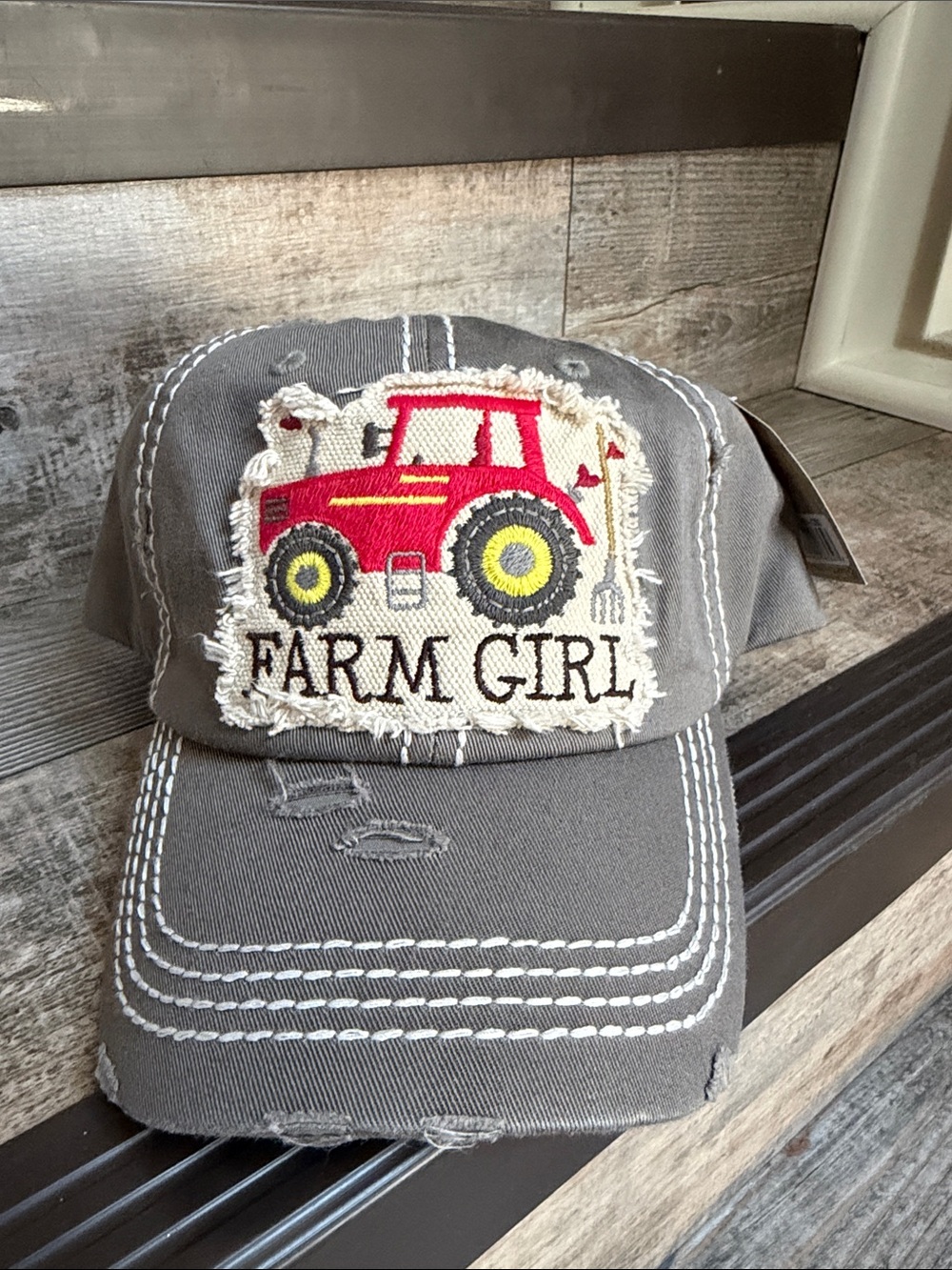 NWT KBETHOS WONENS VINTAGE Gray FARM GIRL Hat with Red Tractor Patch